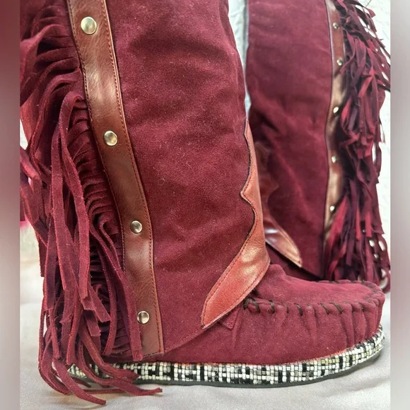 Bohemian Fringe Knee-High Moccasin Boots - Wine (6)‼️NWOB‼️ - Picture 7 of 15
